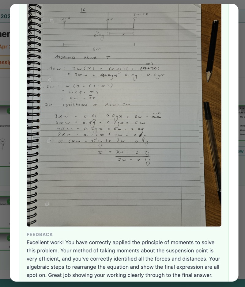 AI feedback on student's handwritten maths working