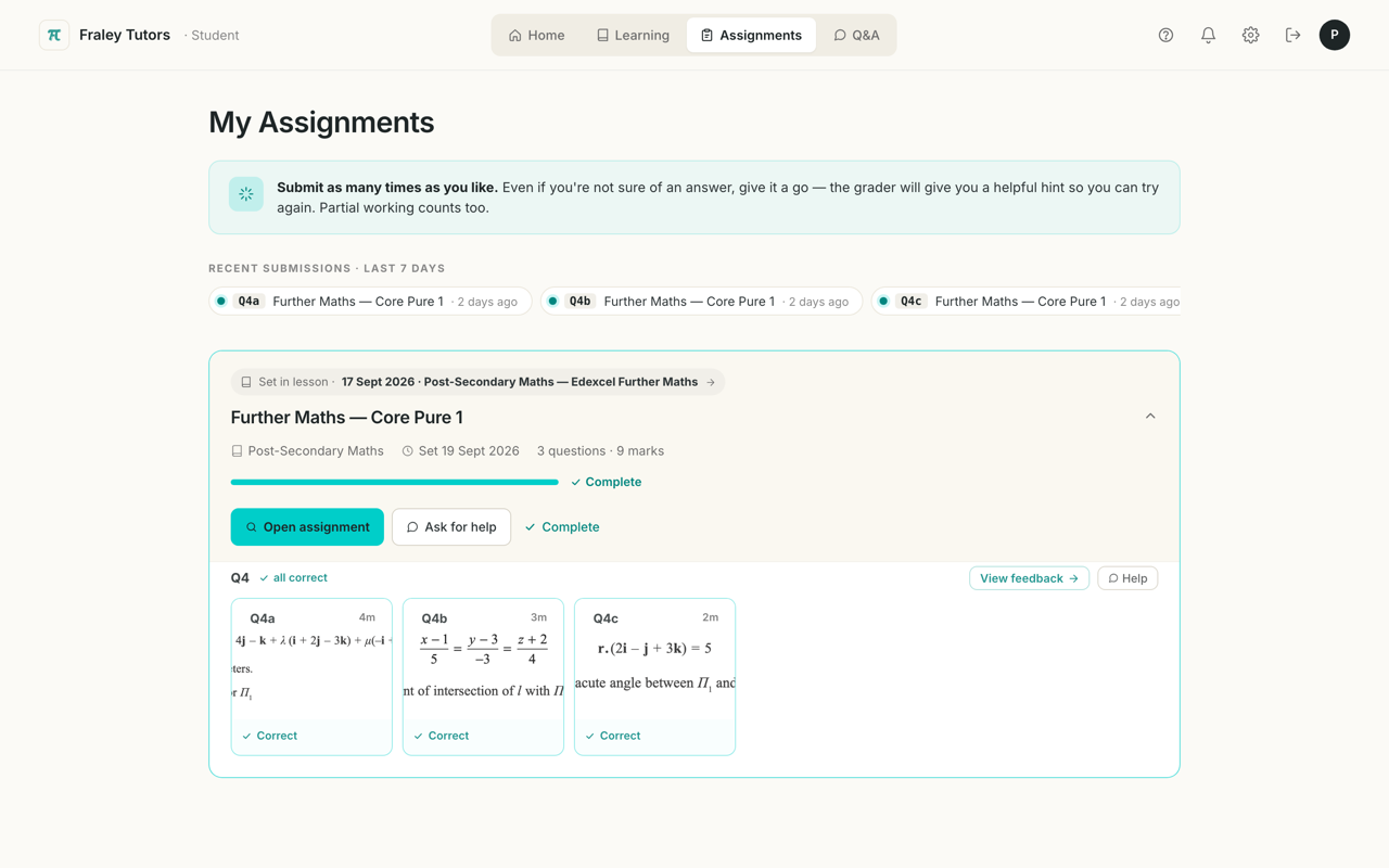 Further Maths Core Pure 1 assignment overview showing a 3D vector geometry question marked instantly, all three parts correct