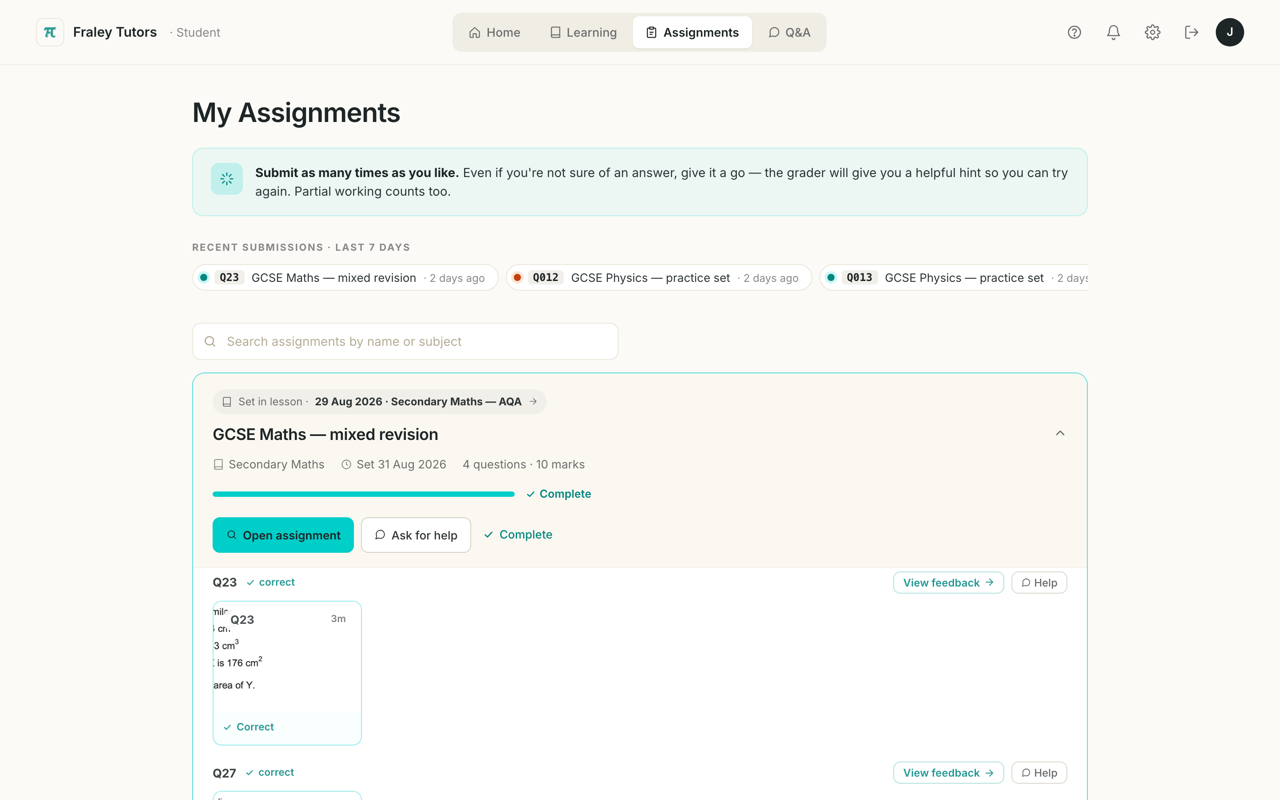 GCSE Maths assignment overview showing instantly marked homework questions, with marks and feedback on each one