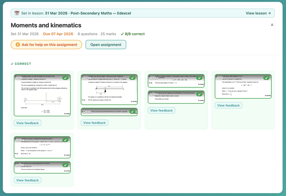 Assignment overview showing graded homework questions with instant feedback