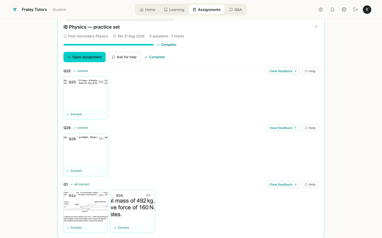 IB Physics assignment overview showing instantly marked homework, including a mechanics question with a labelled glider diagram