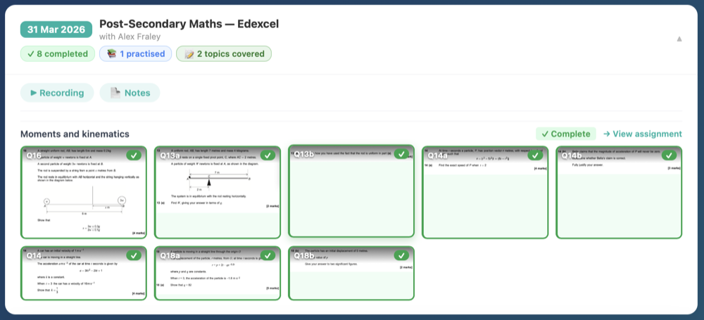 Lesson card showing recording, notes, and linked assignment with graded questions