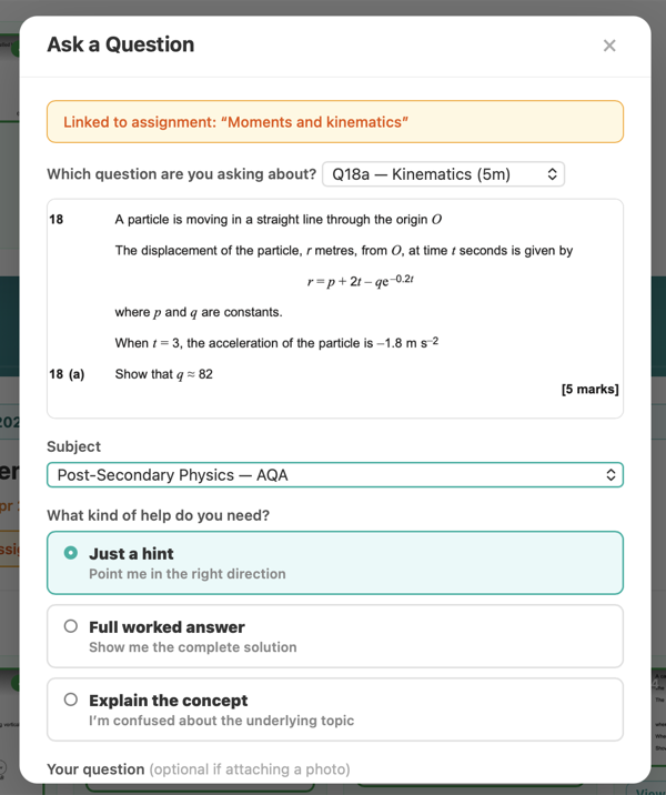 Ask a question modal with hint, full answer, and concept explanation options